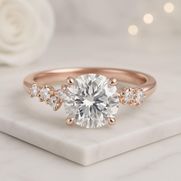 Round Brilliant Cut Lab Grown Diamond Engagement Ring Hidden Halo Solitaire Ring Dainty Pave Band