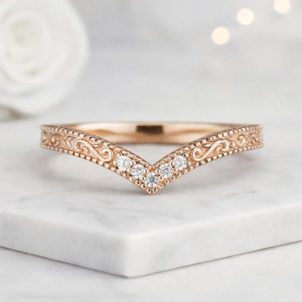 Round CVD Diamond Curved Wedding Band Vintage Solid Gold Filigree Pattern Stacking Ring Matching Wedding Ring Gift For Women
