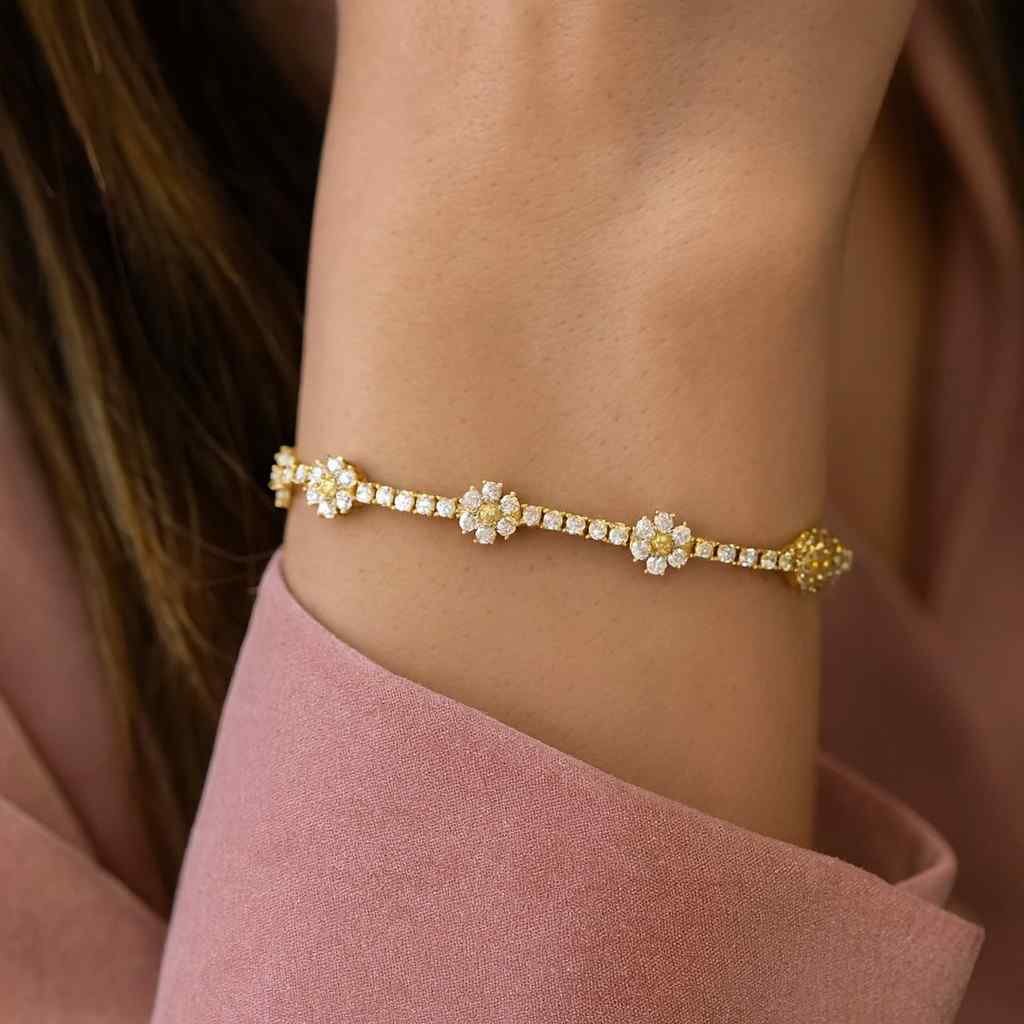 Round Cut Diamond Floral Bracelet Lab Grown Diamond Gold Tone Elegant Gift for Her Anniversary Wedding Jewelry