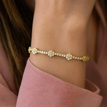 Round Cut Diamond Floral Bracelet Lab Grown Diamond Gold Tone Elegant Gift for Her Anniversary Wedding Jewelry