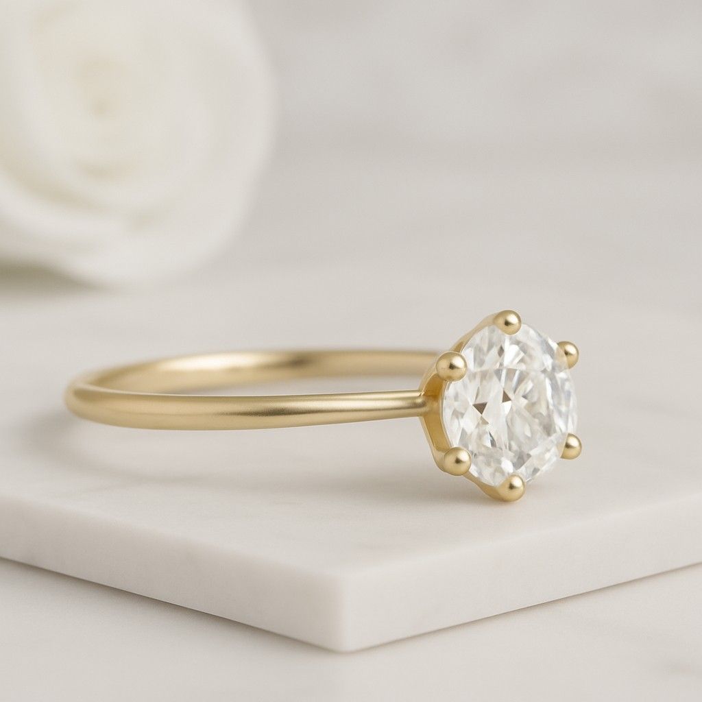 Round Cut Engagement Ring 14K Solid Gold 6 Prong Solitaire Plain Gold Band Wedding Ring Gift