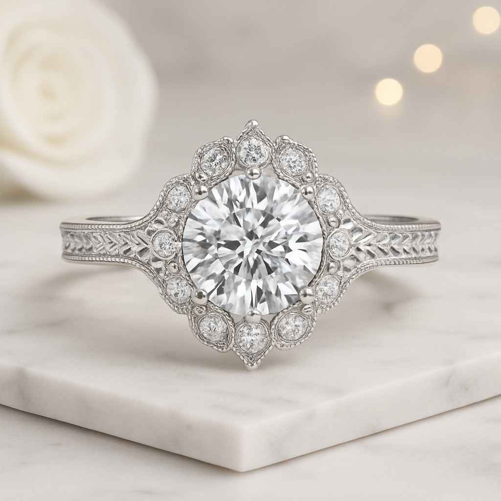 Round Cut Halo Split Shank Engagement Ring Classic Wedding Ring
