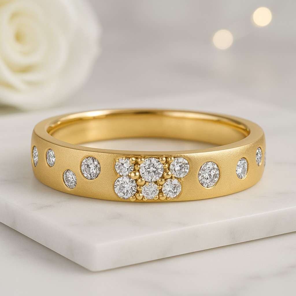 Round Cut Lab Diamond Wedding Band Scattered Diamond Stunning Cigar Band