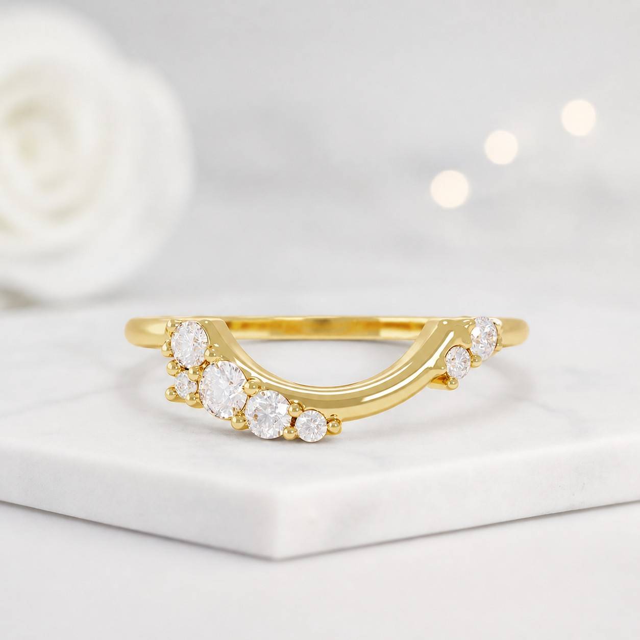 round cut lab grown diamond curved wedding band 14k gold v shape ring nesting ring minimal chevron anniversary band for women
