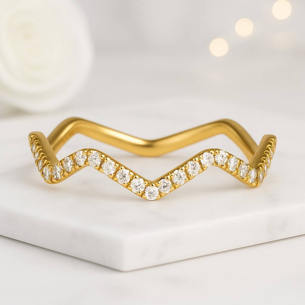 Round Cut Lab Grown Diamond Engagement Band 14K Yellow Gold Wavey Wedding Band