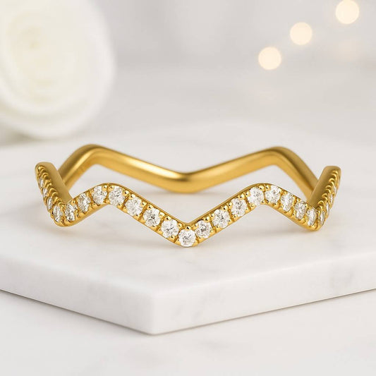 Round Cut Lab Grown Diamond Engagement Band 14K Yellow Gold Wavey Wedding Band