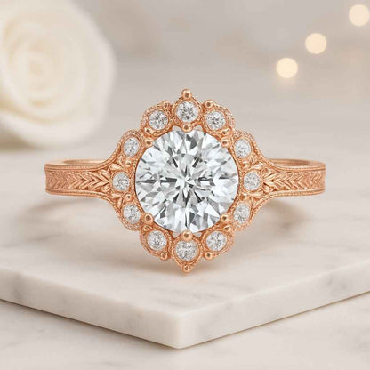 Round Cut Lab Grown Diamond Halo Ring Claw Prong Set Bridal Wedding Ring For Love