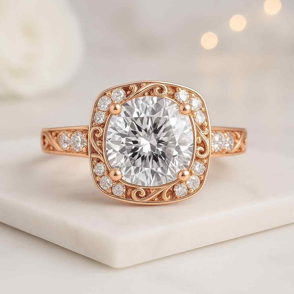 Round Cut Lab Grown Diamond Ring CVD Diamond French Cut Pave Shank Ring