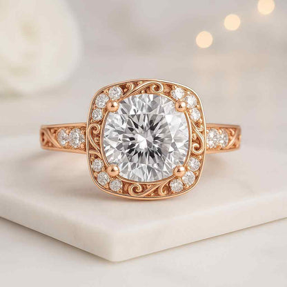 Round Cut Lab Grown Diamond Ring CVD Diamond French Cut Pave Shank Ring