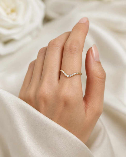 Round Cut Moissanite Chevron Ring, Solid Gold Curved Wedding Band Ring, V Shaped Ring, Stackable Ring, Half Eternity Ring
