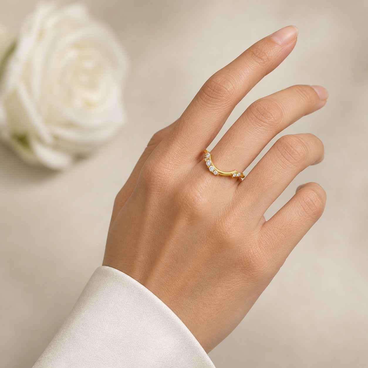 round cut moissanite diamond engagement band, 14k solid gold promise band, beautiful seven stone diamond band, delicate curved wedding band.
