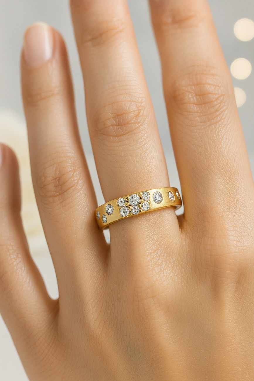 Round Cut Simulated Diamond Wedding Band Scattered Diamond Stunning Cigar Band Satin Finish Band Flush Set Diamond Half Eternity Band