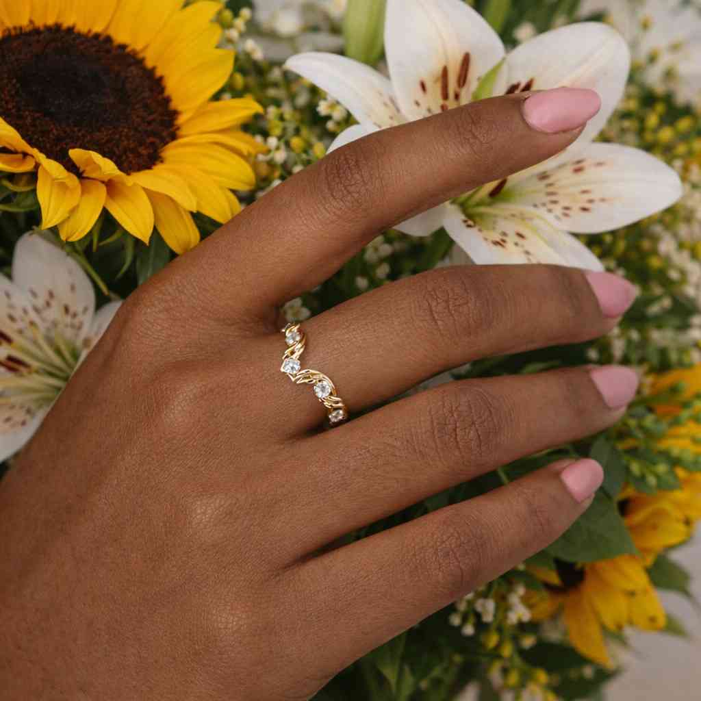 round diamond ring curve band nature inspired ring leaf engraved ring