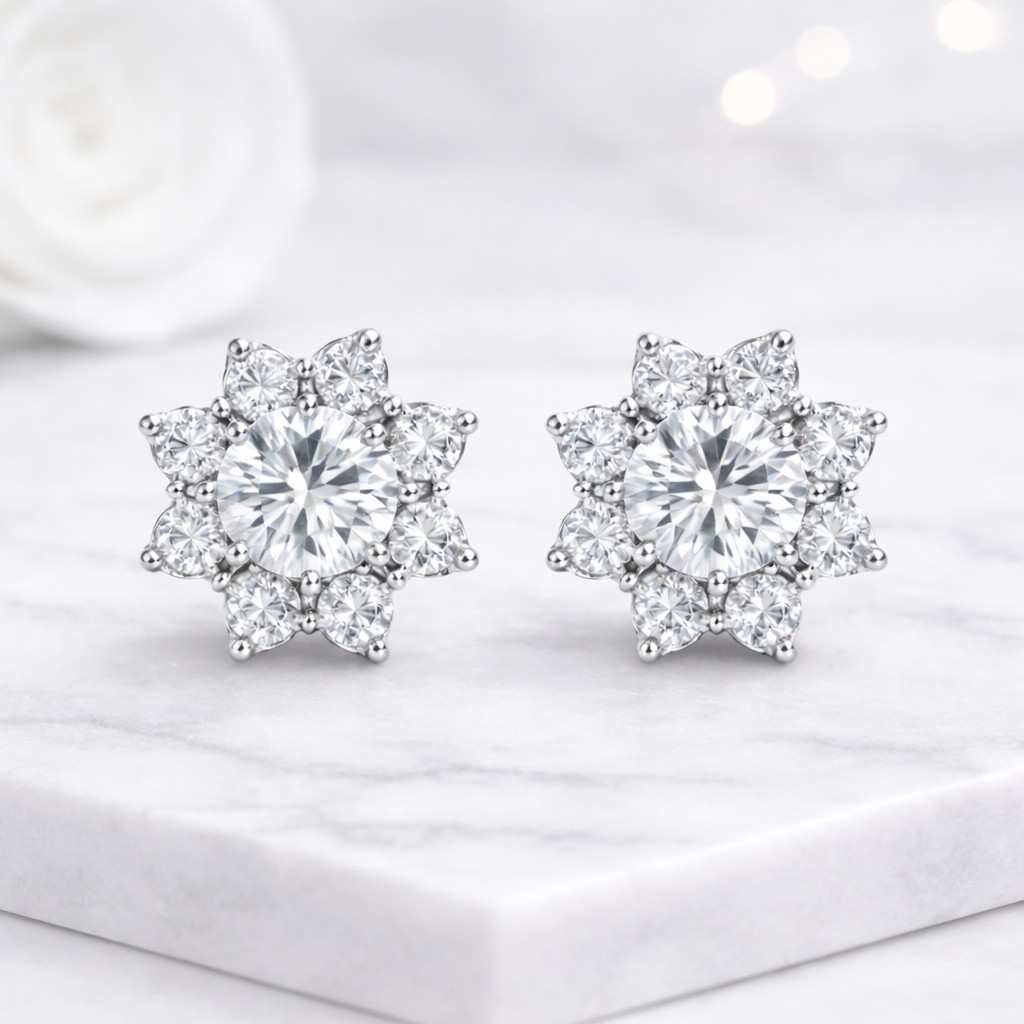 round lab grown diamond floral stud earrings 14k solid gold diamond screw back earrings 