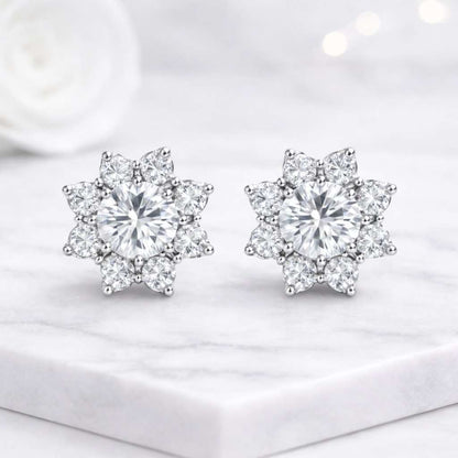 Round Lab Grown Diamond Floral Stud Earrings 14K Solid Gold Diamond Screw Back Earrings 