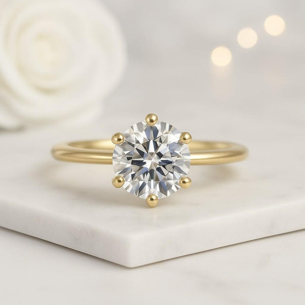 Round Lab Grown Diamond Solitaire Ring 14K Yellow Gold Six Prong Engagement Ring
