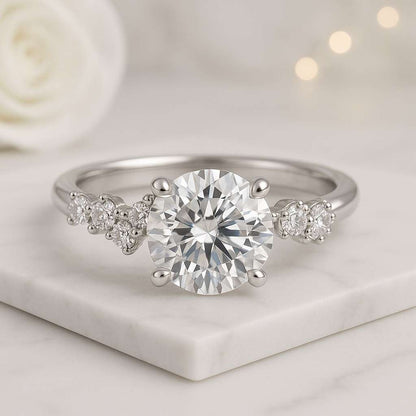 Round Three Stone Lab Grown Diamond Engagement Ring Pave Set Side Stone Round Cut Engagement Ring