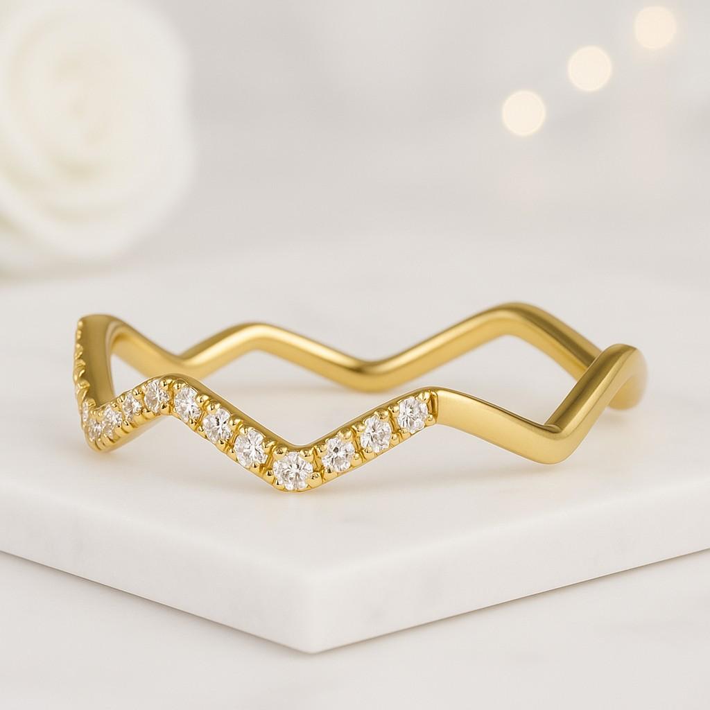 Round cut Lab Grown Diamond Wedding Band Half eternity Ring in Gold Wave Diamond Band