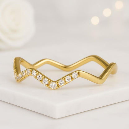 Round cut Lab Grown Diamond Wedding Band Half eternity Ring in Gold Wave Diamond Band