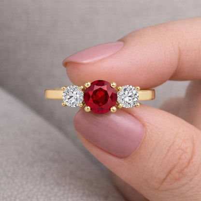 Round three stone genuine lab grown ruby engagement ring