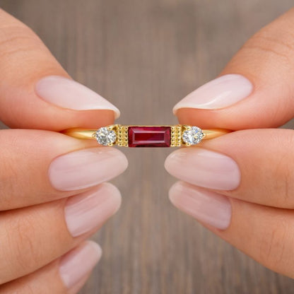 Ruby Baguette And Oval Diamond Ring