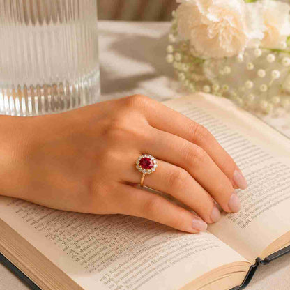 Ruby Diamond Halo Ring 14K Gold Oval Ruby Engagement Ring Vintage Statement Ring