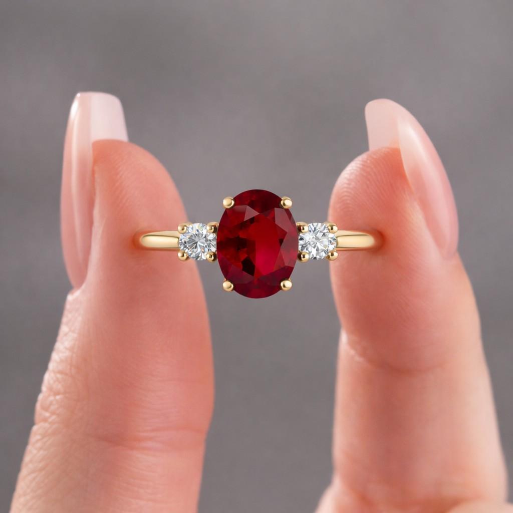 Ruby Ring / Ruby Engagement Ring in 14k Gold / Oval Cut Natural 3 Stone Ruby Diamond Ring/ July Birthstone/ Promise Ring
