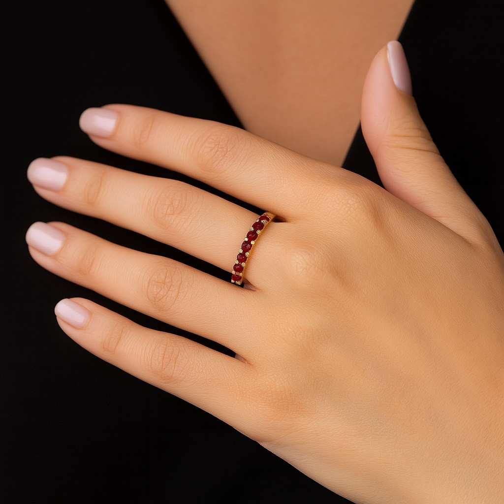 Solid 14K Yellow Gold Ruby Ring Ruby Wedding Band For Women