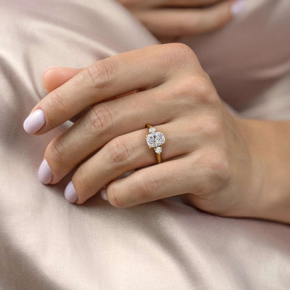 Solid Gold Cushion Moissanite Engagement Ring, Three Stones Wedding Ring With Round Diamond 