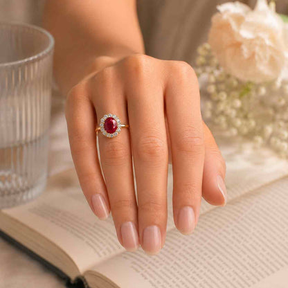 Solid Gold Lab Created Oval Cut Ruby Engagement Ring, Cluster & Halo Ring, Birthstone Ring,