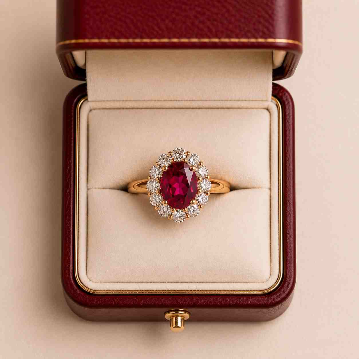 solid gold oval cut ruby engagement ring cathedral set, halo ring, birthstone ring