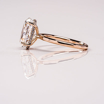 Solid Gold Oval Moissanite Engagement Ring with Hidden Halo, 18K Gold Proposal Ring