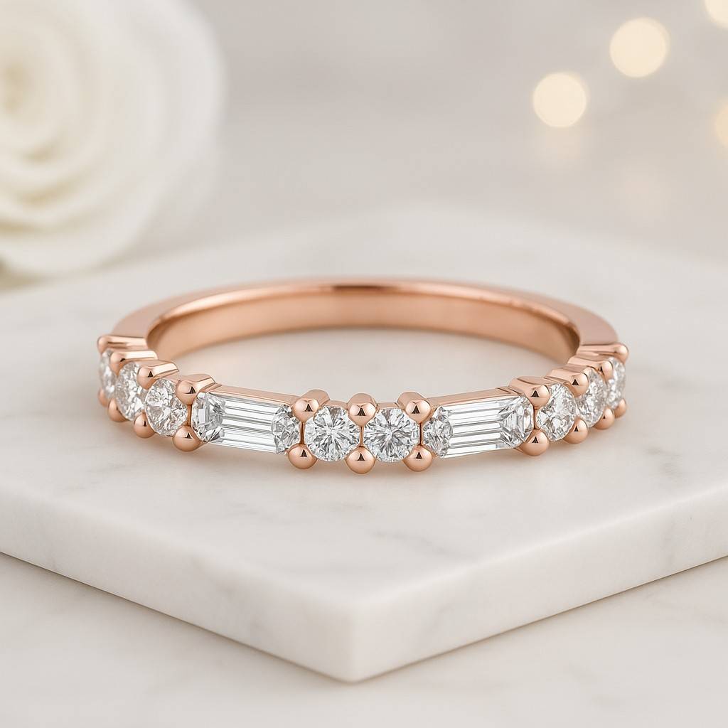 Solid White Yellow Rose Gold Baguette Wedding Band