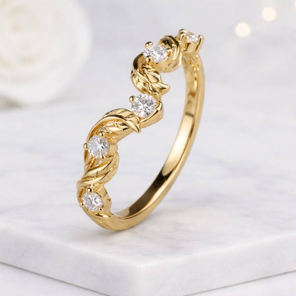 Stacking Matching Ring Handmade Ring Leaf Diamond Wedding Band