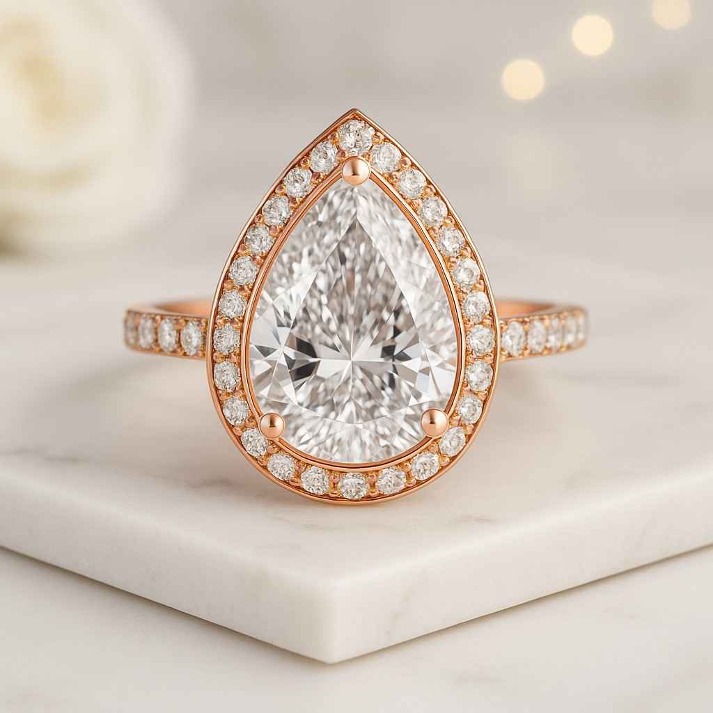 Teardrop Stone Ring Pear Shaped Ring Twisted Shank Wedding Ring Hidden Halo Engagement Ring