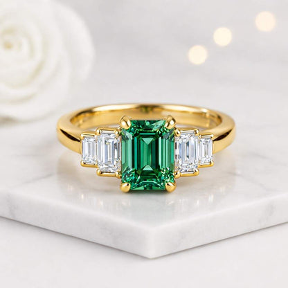 emerald cut ring green stone ring three stone ring solitaire ring statement ring gold ring prong setting emerald ring