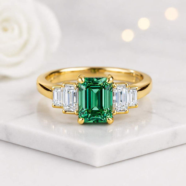 emerald cut ring green stone ring three stone ring solitaire ring statement ring gold ring prong setting emerald ring
