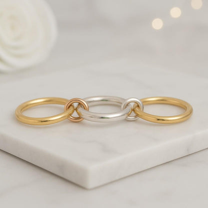 Two Tone Connected Ring Sterling Silver Gold Filled Statement Ring Chunky Connector Ring