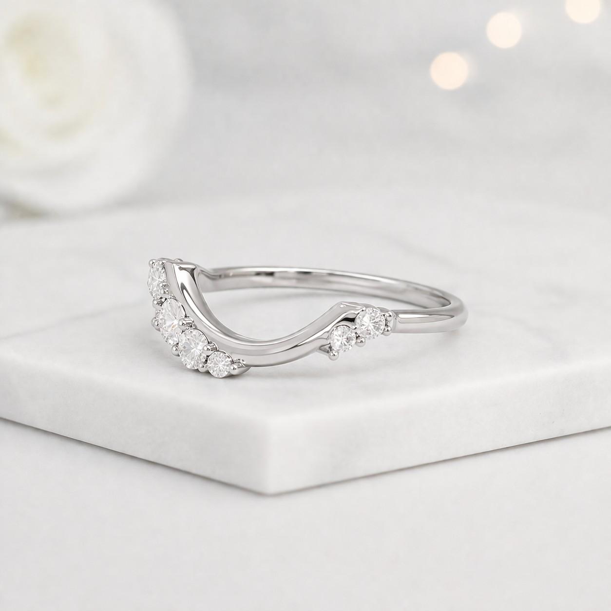 u-shaped moissanite wedding band, sterling silver scalloped contour ring, bridal enhancer guard
