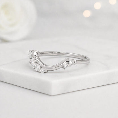 U-Shaped Moissanite Wedding Band, Sterling Silver Scalloped Contour Ring, Bridal Enhancer Guard

