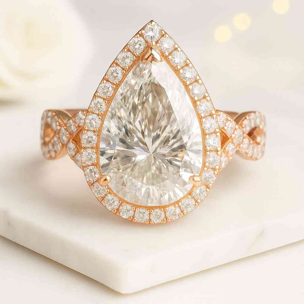 vintage pear cut lab grown diamond engagement ring with halo twisted infinity design diamond ring