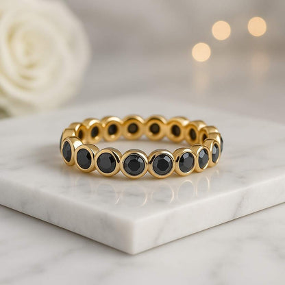 Yellow Gold Bezel Set Black Diamond Band For Her