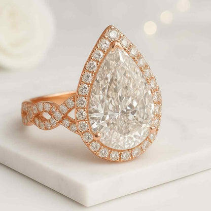 Yellow Gold Bridal Set Custom Anniversary Ring Pear Cut Lab Grown Diamond Ring Pear Shaped Halo Engagement Ring