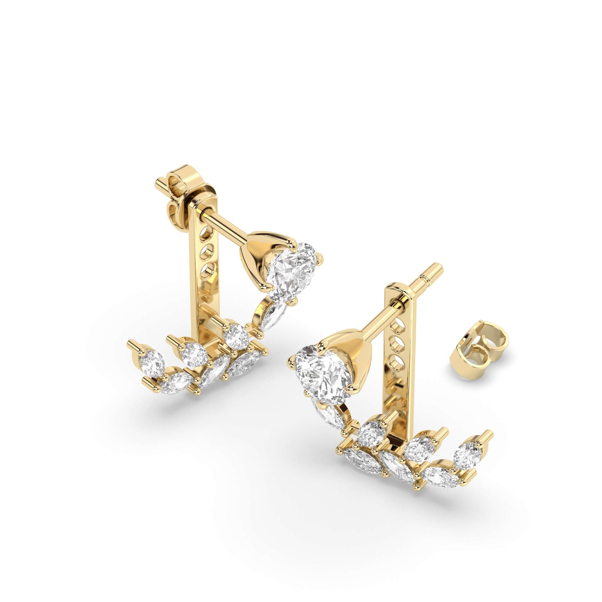 Yellow Gold Leaf Front Back Ear Jacket Earrings