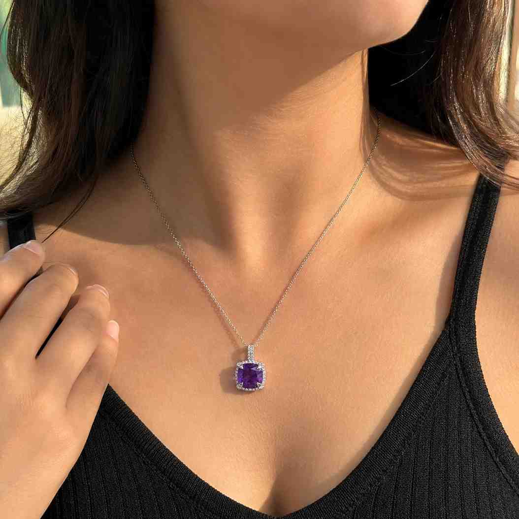 amethyst pendant natural amethyst purple amethyst genuine amethyst diamond halo diamond accent lab diamond moissanite cubic zirconia simulated diamond gemstone pendant