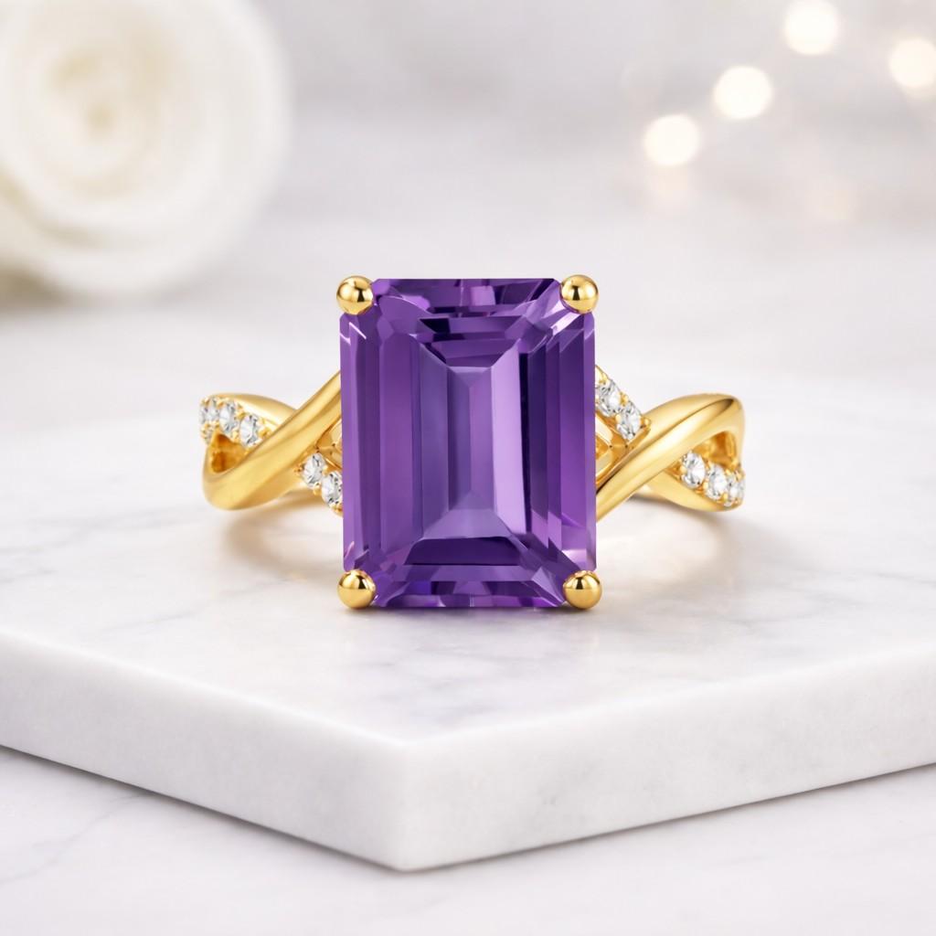 amethyst ring purple ring gemstone ring gold ring emerald cut ring solitaire ring statement ring women ring cocktail ring promise ring engagement ring bridal ring twisted band crossover ring