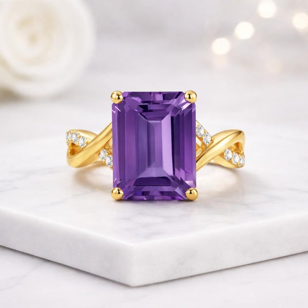 amethyst ring purple ring gemstone ring gold ring emerald cut ring solitaire ring statement ring women ring cocktail ring promise ring engagement ring bridal ring twisted band crossover ring