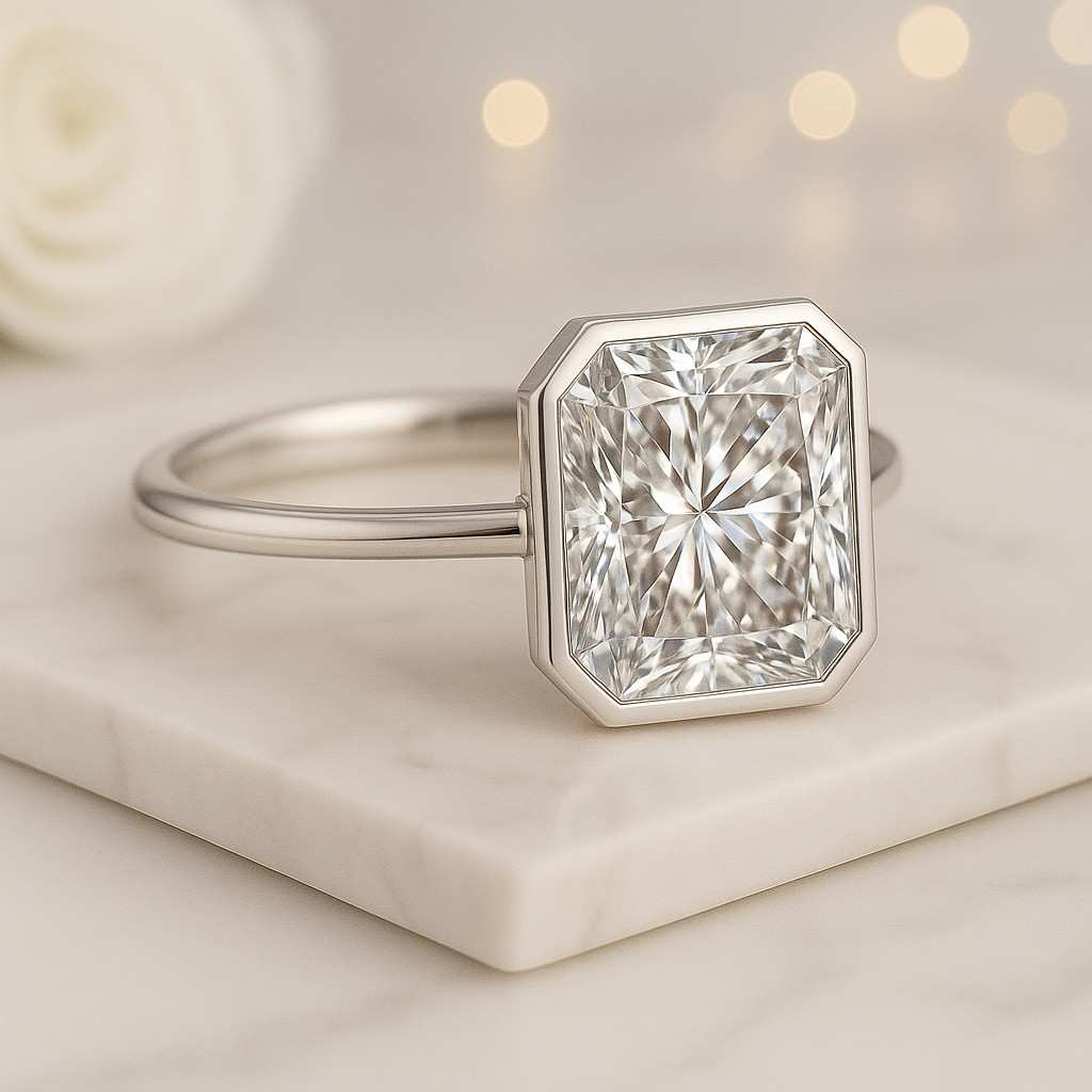 anniversary jewelry rectangle stone ring octagon bezel ring polished band ring thin shank ring comfort band ring secure setting ring clean style ring