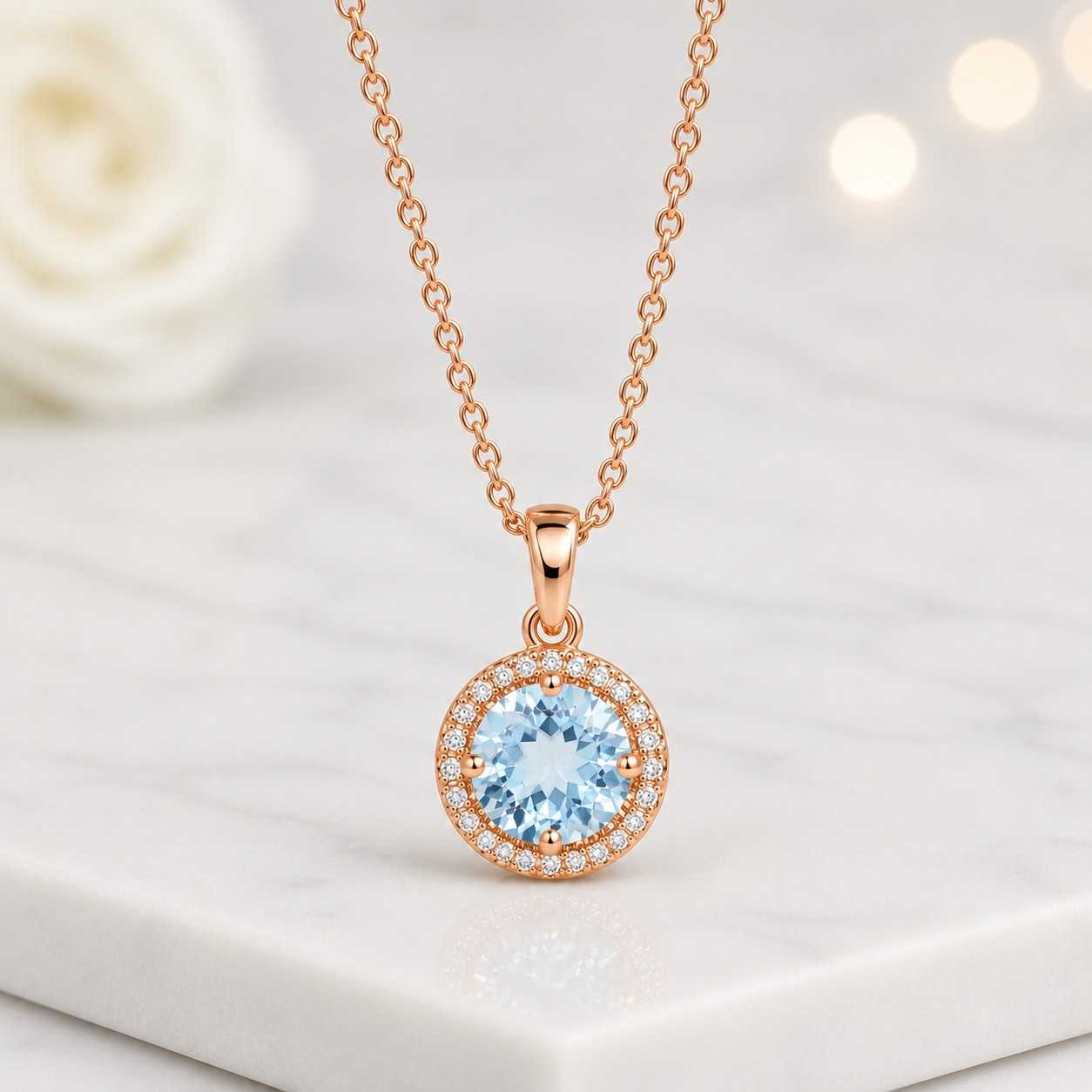 aqua pendant necklace light blue necklace gemstone pendant round halo necklace gold chain necklace elegant jewelry fine pendant