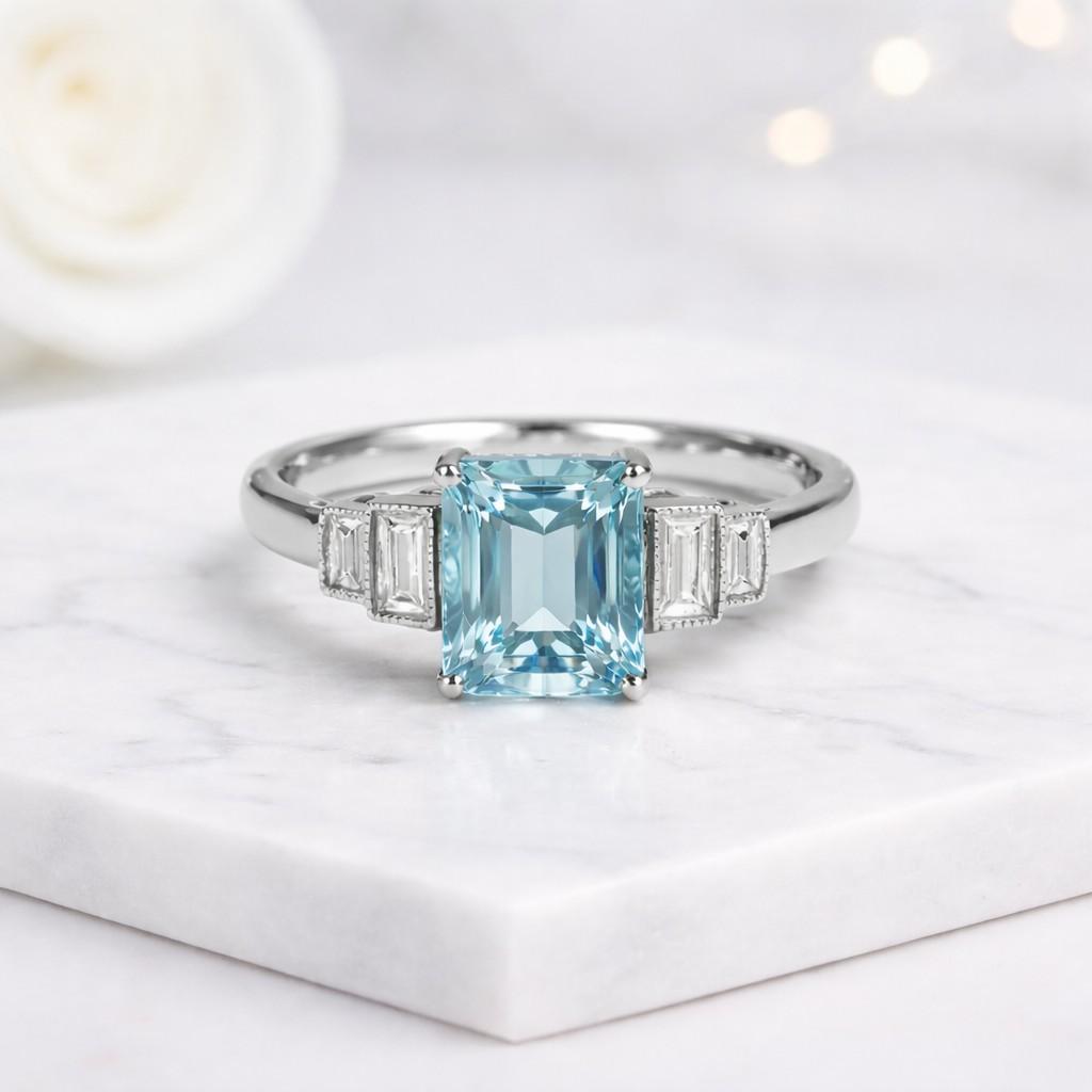 aquamarine engagement ring blue stone ring emerald cut gemstone rectangular gemstone ring baguette side stones bridal jewelry engagement jewelry wedding jewelry gemstone engagement ring luxury engagement ring modern engagement ring elegant engagement ring